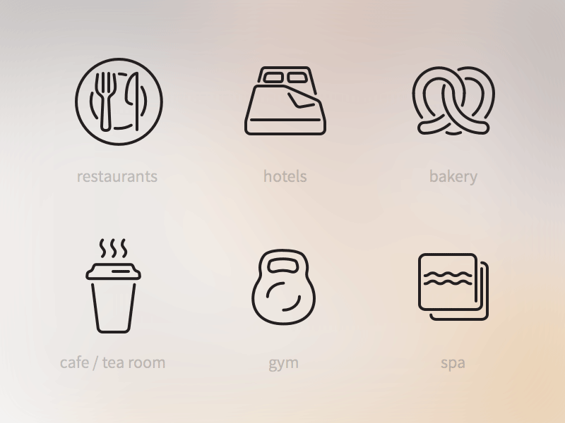 Icon-set for the new project bakery bed dumbbell fork gym hotel icon kettlebell pretzel restaurant spa towel