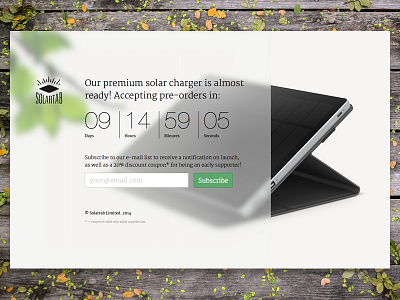 Landing page of Solartab – the premium solar charger charger eco friendly green product visualisation render solar start up startup tablet web design