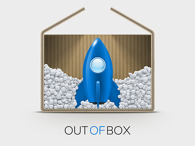 "OUT OF BOX" logo v3 blue box cardboard icon illustration noisy resizable rocket vector