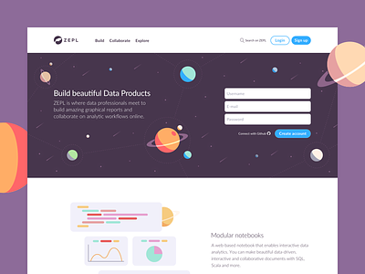 ZEPL – Build beautiful data products big data illustrations landing page planets space universe