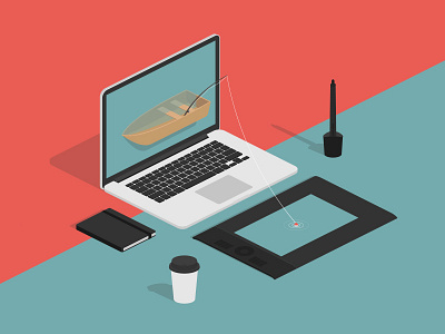 Fishing For Creativity fishing illustration isometric macbook wacom