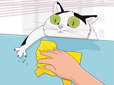 Cute cat cartoon cat clean up cute fluffy hand home illustration office paw paws pet play playful rag table whiskers window