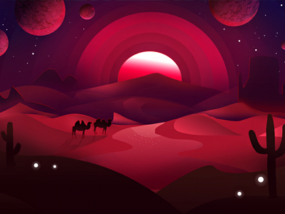 Desert Cam's cactus desert illustration night planets red