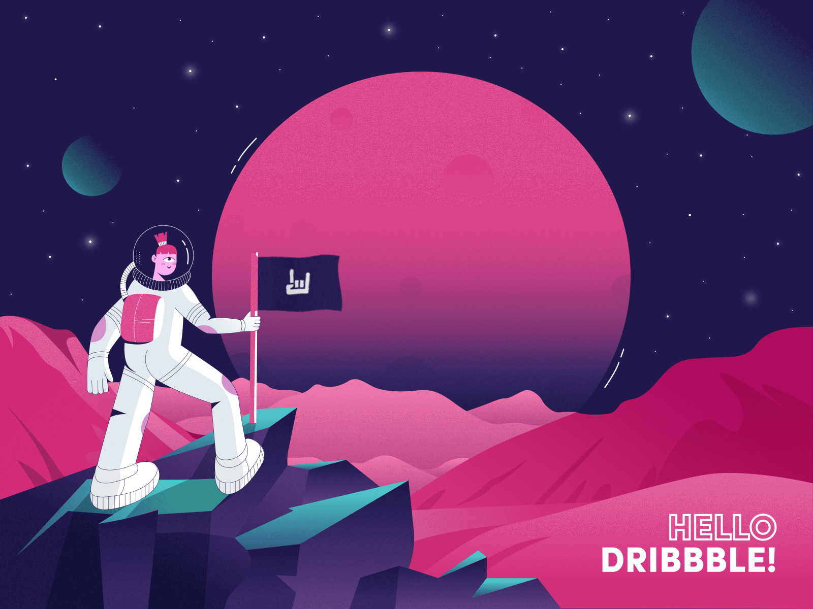 Hello Dribbble! 2d animation debuts design flat graphic design hello dribble illustration illustrator planet space ui