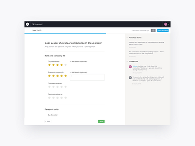 Scorecard page for recruitment software