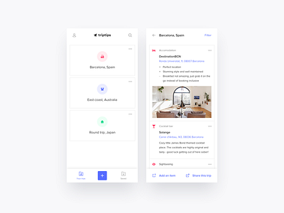 App concept to easily save & share tips from previous trips add app barcelona bottom bar cities design icons mobile mobile app share travel ui ux
