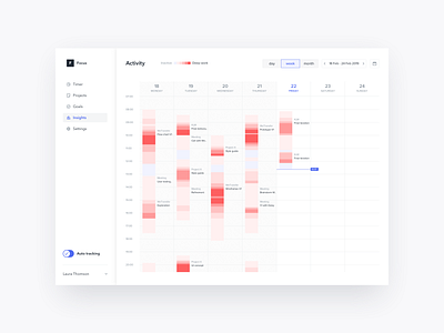 Concept for time tracking app that shows periods of deep work app calendar deep work design focus modal side nav time time tracker time tracking timer tracker ui ux web week