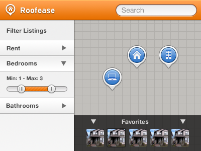 Roofease blue map orange pins search slider