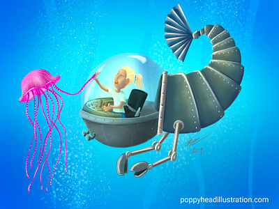Mermaid Girl childrens book digital painting illustration robots sea