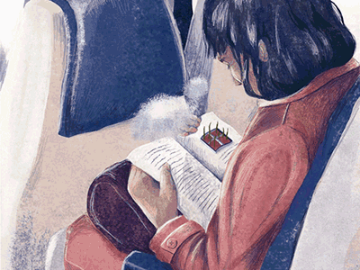 What's she reading? animated illustration editorial illustration gif looping gif moving book photos pink and blue reading textured illustration train