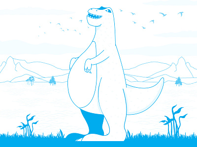 Happysaur birds blue dinosaur happy illustration minimal mountains scene smile t rex tyrannosaurus vector