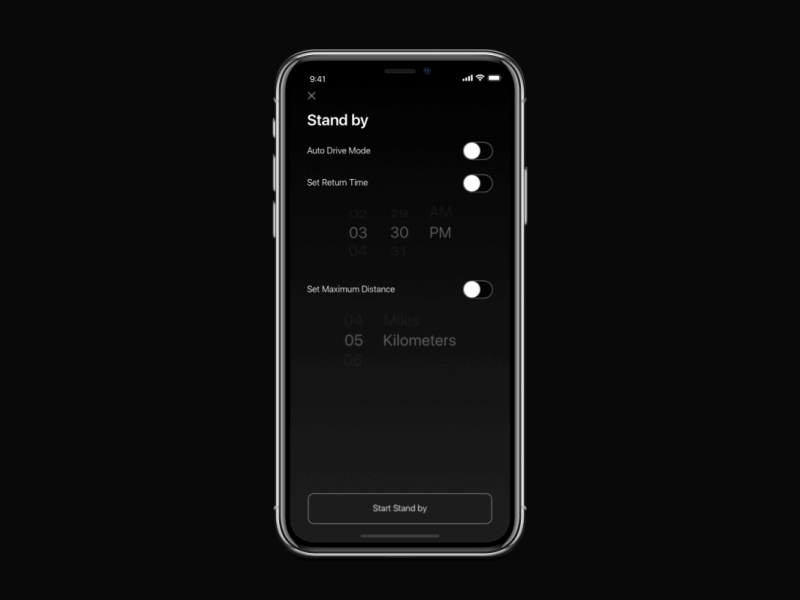 Tesla Autopilot: Level 5 Autonomous Car Control App Stand by self-driving gui user interface ux ui tesla login map icon concept car autonomous car