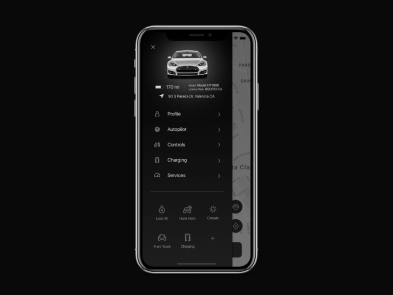 Tesla Autopilot: Level 5 Autonomous Car Control App Control self-driving gui user interface ux ui tesla login map icon concept car autonomous car