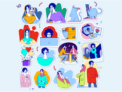 Sticker Pack boy cat date girl happy illustration kitten laughter love messenger packaging sad sticker sticker design