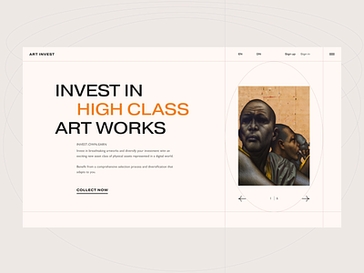 Invest in Art Works accent color art art work composition crypto design digital assets grid hero section home page invest investment nfts slider structure typography ui web website