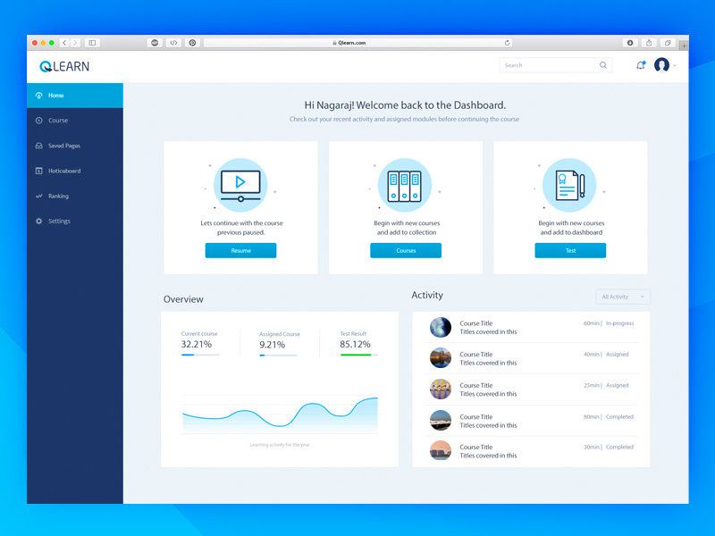 Qlearn - Dashboard concepts progress landing page photoshop elearning course web ui dashboard