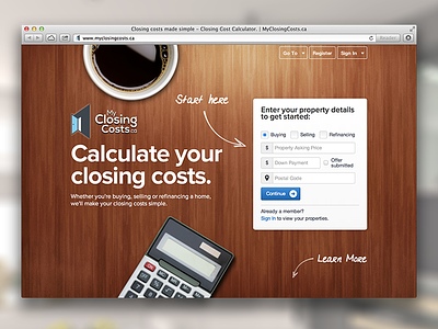 My Closing Costs calculator coffee homepage landing page real estate wood