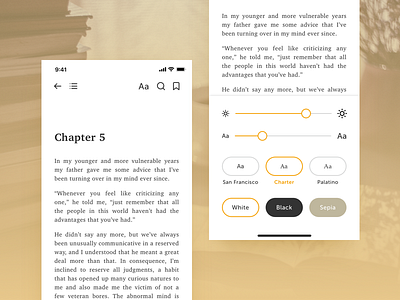 Book Reader App Redesign - Reader View & Settings app clean concept design flat interface ios iphone minimal mobile sketch