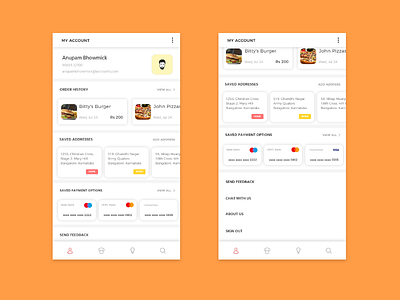 Account screen for a food app