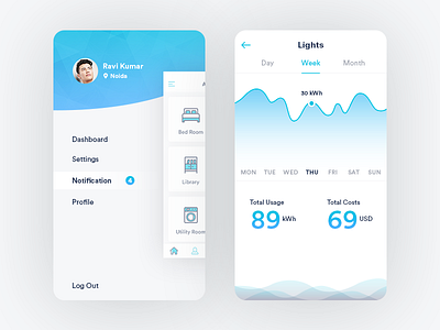 Smart Home App: Side Bar & Lights app cards clean control easy home ios sidebar smart temperature ui