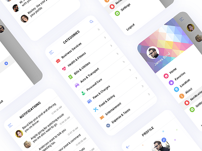 Categories, Sidebar, Profile & Notifications app cards clean colors icons mobile ui ux