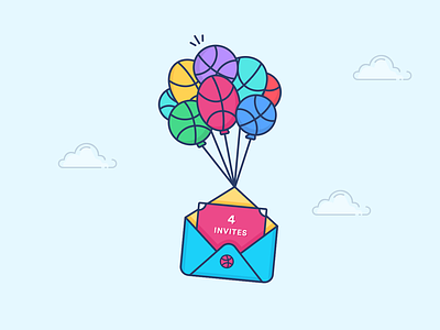 4 Dribbble Invites balls baloons cards colorful colors dribbble four illustration invites join message sky welcome