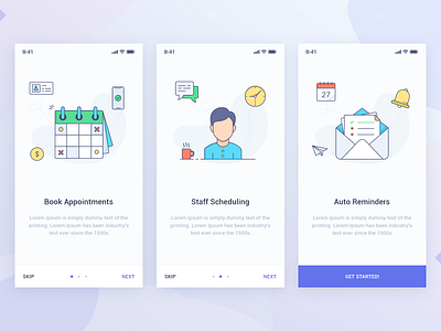 Walkthrough Screens appointments cards colors graphic icons illustration onboarding reminders staff ui ux welcome