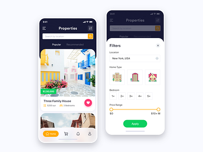 Properties & Filters apartments app beautiful colors house icons ios locations rent sell ui ux
