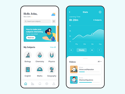Online Learning App app biology chemistry colors cool course design education english flat home icons learning physics stats student subjects ui ux vectors