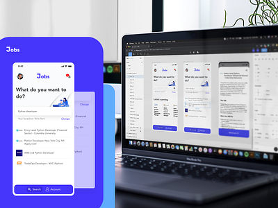 Jobs App blue figma illustration ios jobs macbook menu mockup search ui