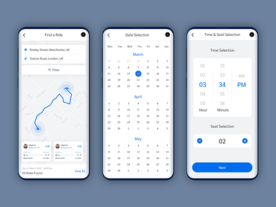 Search Result, Date, Time & Seat Selection Screens - Trip App