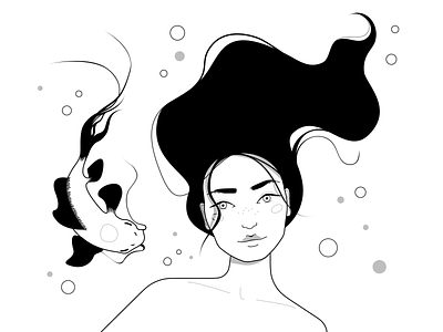 Mermay black and white cartoon drawing fantasy fish girl graphic illustration line mermaid minimal pencil portrait simple water