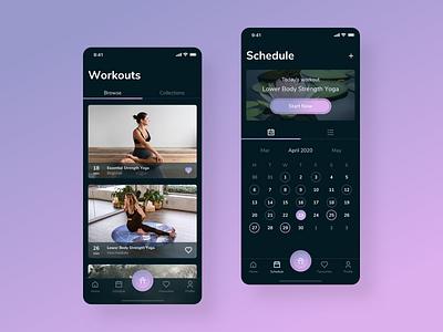 Yoga app app calendar dark theme dark ui design fitness interface mobile schedule sport trainings ui ux workouts yoga