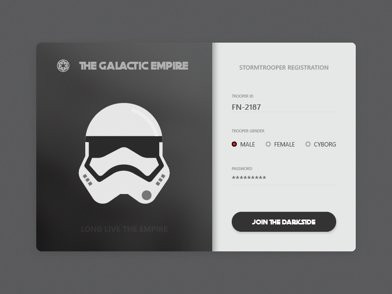 Daily UI #001 Stormtrooper Registration UI stromtrooper force empire starwars web vector design ux ui sign up form dailyui