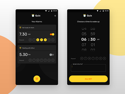 Quix Alarm App UI alarm app bright cards clock dark fun picker time toggle ui ux