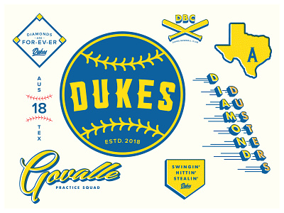 Dukes Baseball Club - Logo & Assets 2018 austin texas ball baseball bat blue branding club design diamond dukes gold halftones illustration league logo sports sports branding typography uiux
