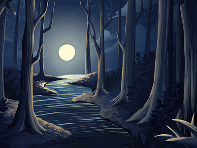 Forest at night digital art digital illustration digital painting drawing forest illustration night procreate river trees