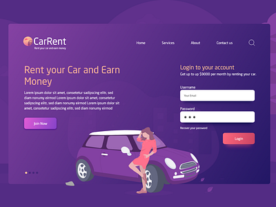 Car Rent Landing adobexd landing page login register uidesign uxdesign web