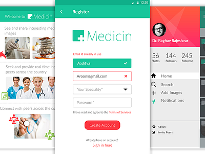 App for medical industry error health image login medical notifications password profile search sidebar signup