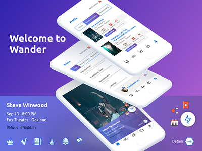 Wander App for Events city events mobile party share ui ux