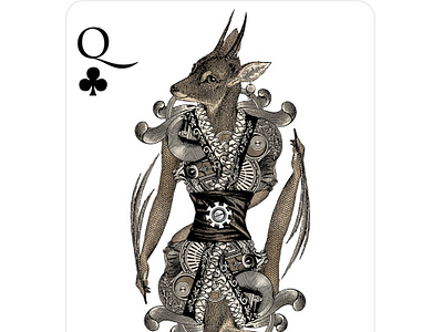 Queen of Clubs ace art collage engraving illustration ink playingcards poker card steampunk
