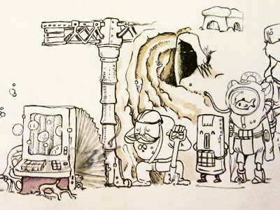 Sketchbook bubbles cave characters illustration ink machine progress sketch