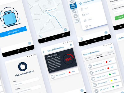 Screens - Gas Monitor android app design empty state gas graphic icon illustration interaction iot map material material ui menu monitoring row screens status ui vector