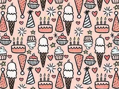 Happy Birthday Surface Design Pattern cake celebrate doodle fabric design hearts ice cream illustration line drawing paper design pattern stars surface design