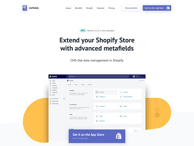 Airfields app clean landingpage purple shopify single page webflow website yellow