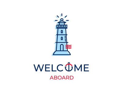 Welcome aboard Illustration for Moorwize App. blue boat illustration lighthouse sea ship welcome