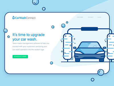 CarWashConnect Website blue branding bubbles car wash design flat hero illustration landing page minimal ui water watercolor web