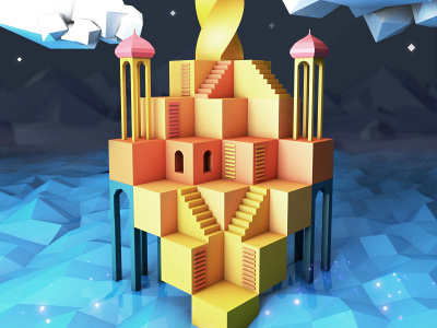 3d Composition "Monument Valley" Style 3d blue cinema 4d colors game illustrator isometric luminance monument valley photoshop sea water