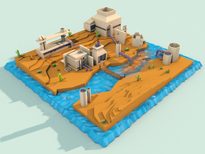 3d factory "low poly" style 3d scene cinema 4d fabric industry isometric los poly palette terrain