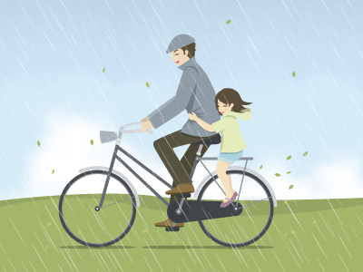 Father and daughter riding bicycle in the rain bicycle daughter family father illustration love rain vector